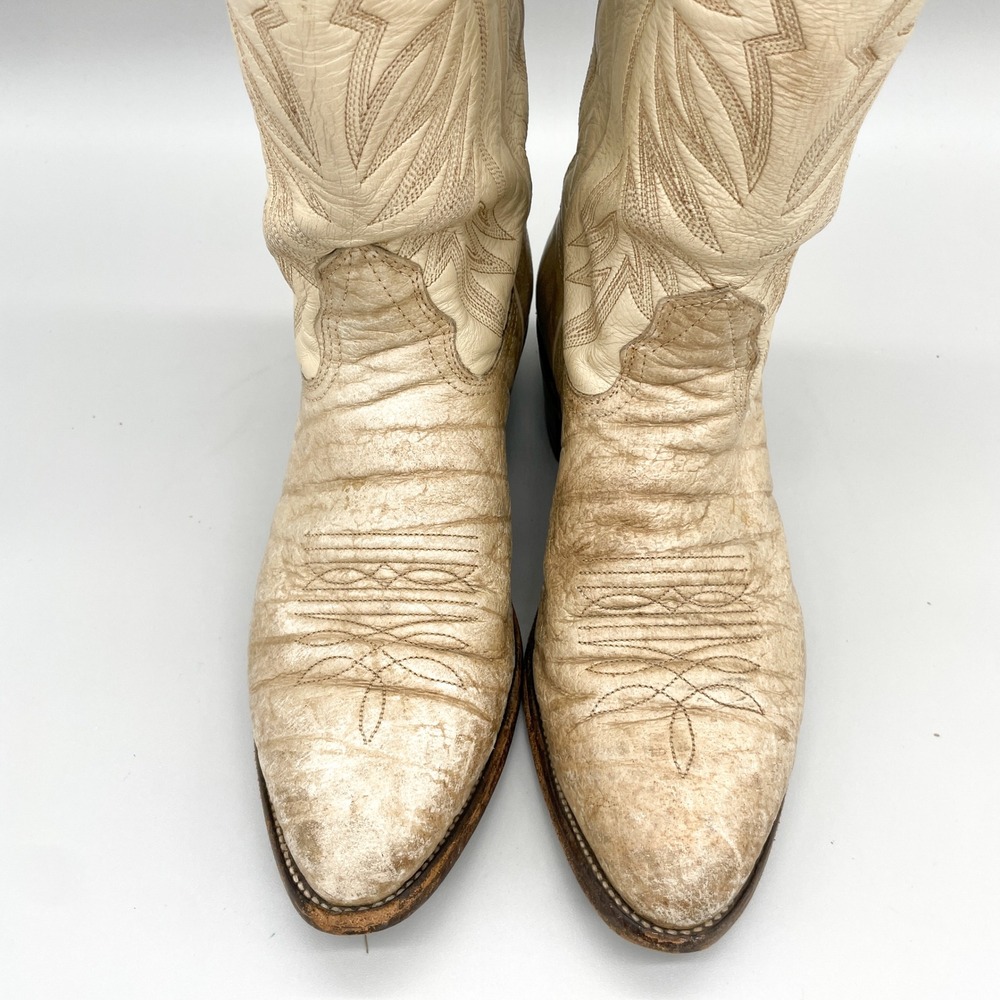 VTG Nocona Mens 9 D Cape Buffalo Bull Neck Leather Western Cowboy Boots Cream - Picture 3 of 15